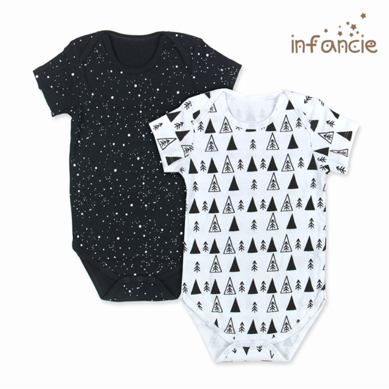 Infancie Baby Short Sleeves Bodysuit Set of 2 Pcs (100% Cotton) Black / White